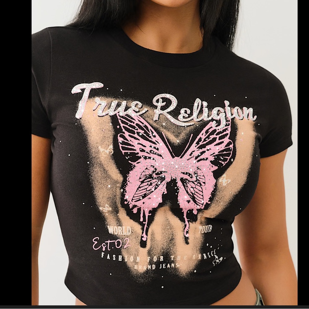True Religion Black Crop Tee with Pink Butterfly Graphic